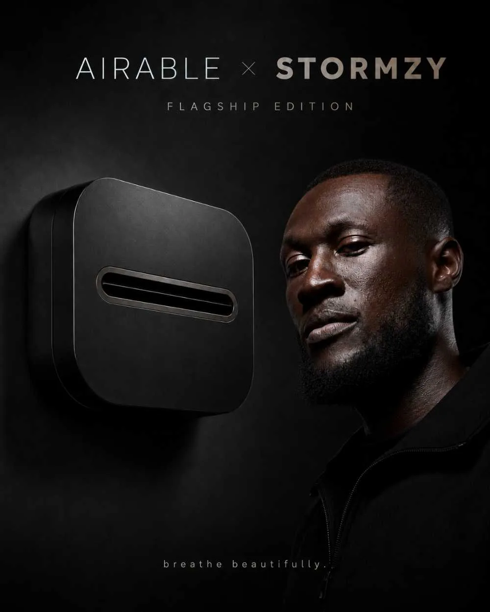 airable × Stormzy — Flagship Edition. Stormzy beside the matte black airable tile
