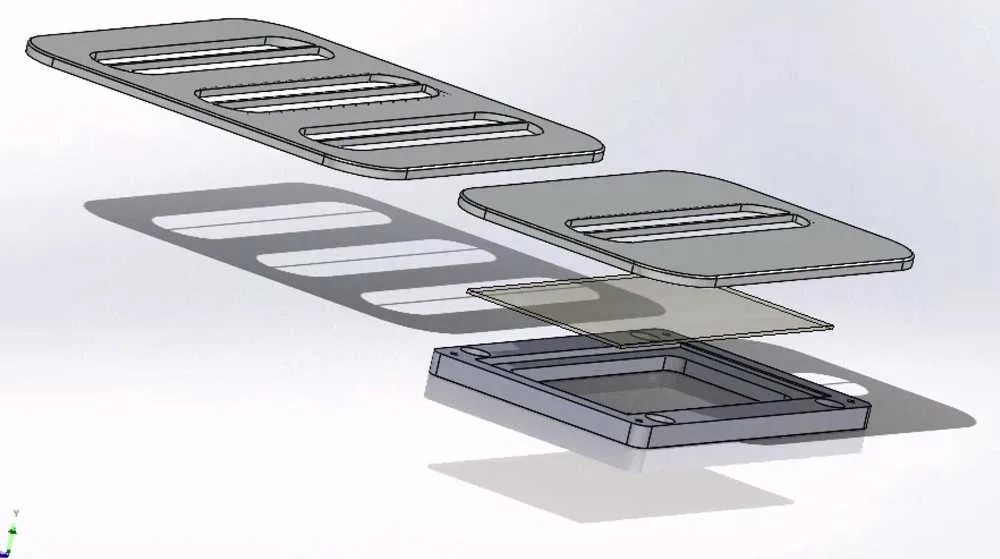 SolidWorks exploded view — rectangular and square faceplates over a shared filter and housing