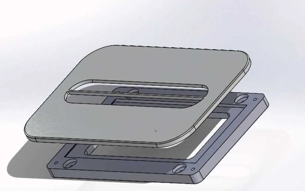 CAD model — faceplate hovering above the magnetic mounting frame, exploded view