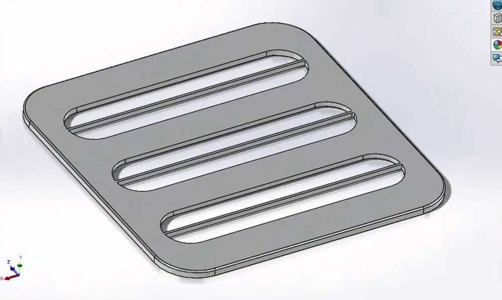 SolidWorks model — slot faceplate, three open channels, isometric view