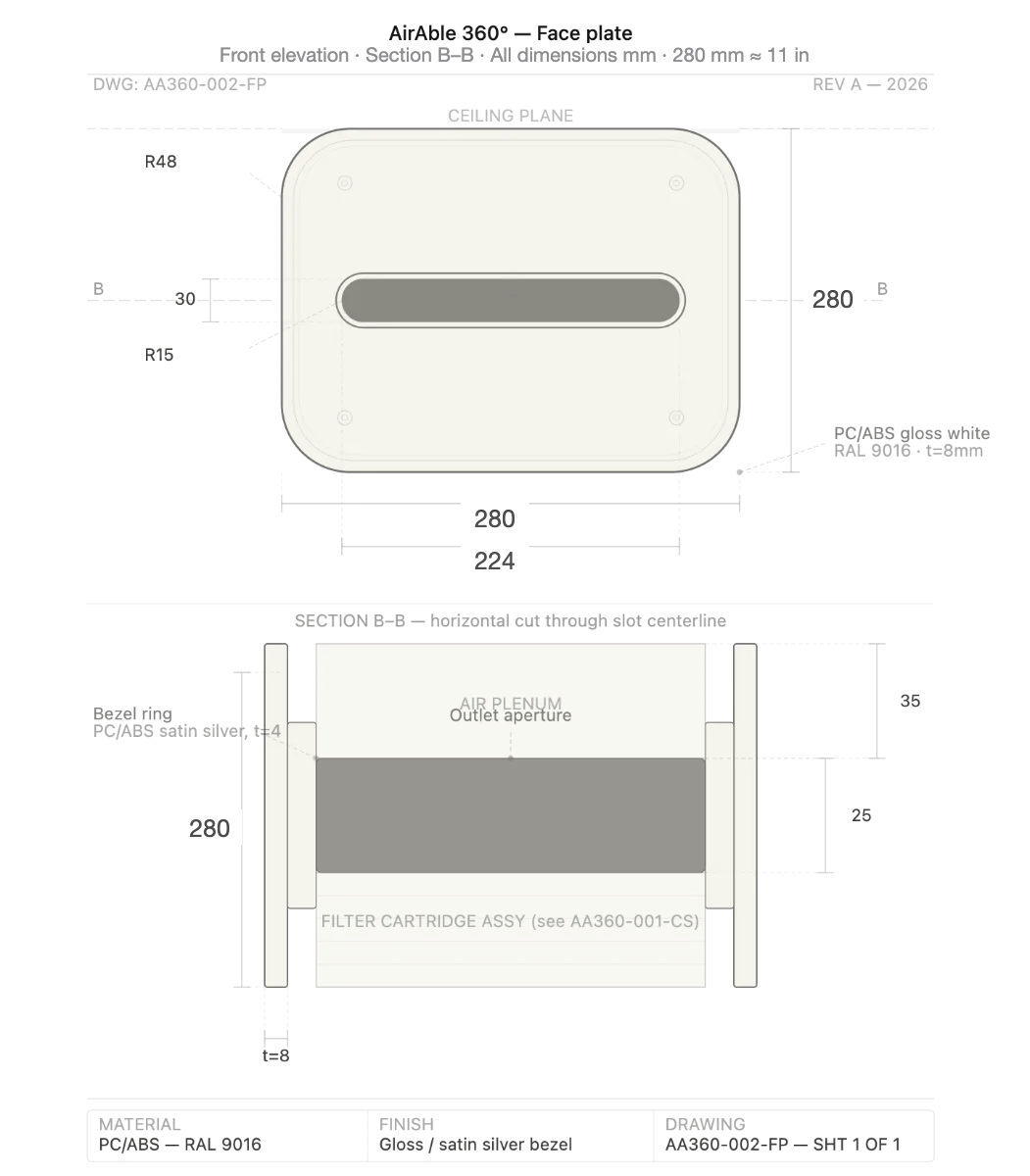 AirAble 360 face plate CAD drawing — front elevation and section B–B, 280 mm (11 in)
